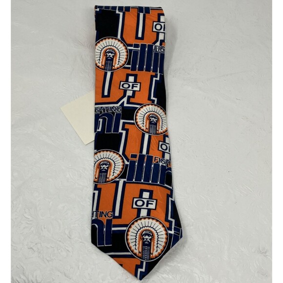 NWT University Of Illinois Fighting Illini Chief Silk Tie UIUC Orange Blue VTG - Picture 1 of 7